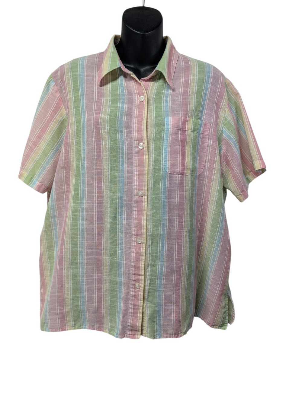 Alfred Dunner Womens Pink Green Blue White Stripe Button-Up Pocket Shirt Sz 16
